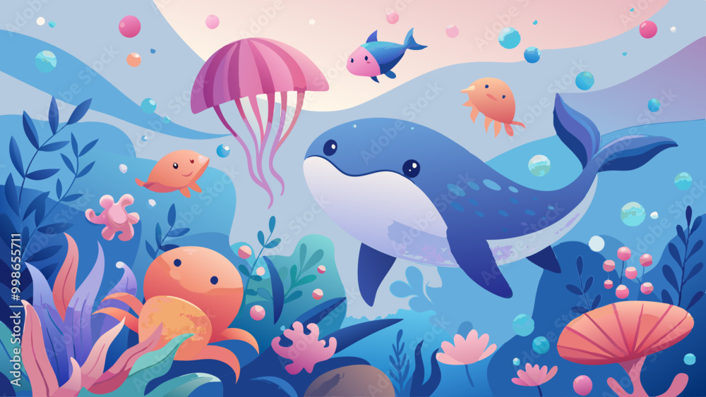 Cartoon Whales, Octopus, and Jellyfish in Animated Ocean World. Perfect for: Children's Parties, Ocean-Themed Events, Kid-Friendly Spaces Cartoon Whales, Octopus, and Jellyfish in Animated Ocean World. Perfect for: Children's Parties, Ocean-Themed Events, Kid-Friendly Spaces