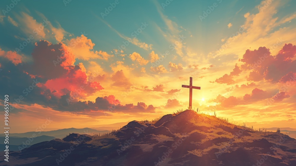 Cross on a hilltop against a stunning sky, embodying an Easter theme. Cross on a hilltop against a stunning sky, embodying an Easter theme.