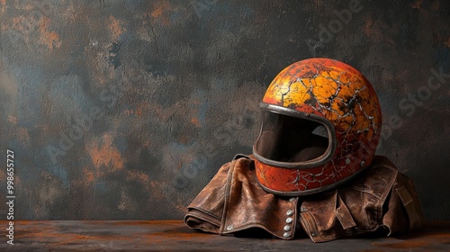 Vintage motorcycle helmet and leather jacket on textured background.