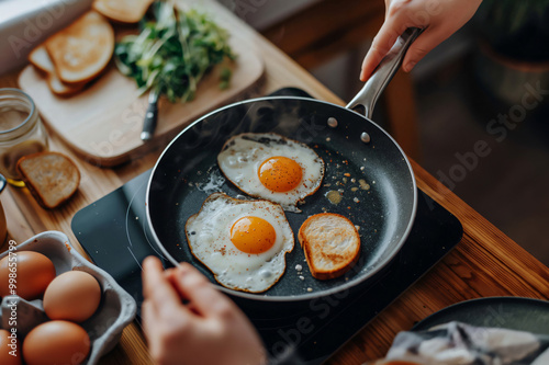 Person is cooking sunny side up eggs and toast in a non stick frying pan on a modern induction stove top for a delicious breakfast