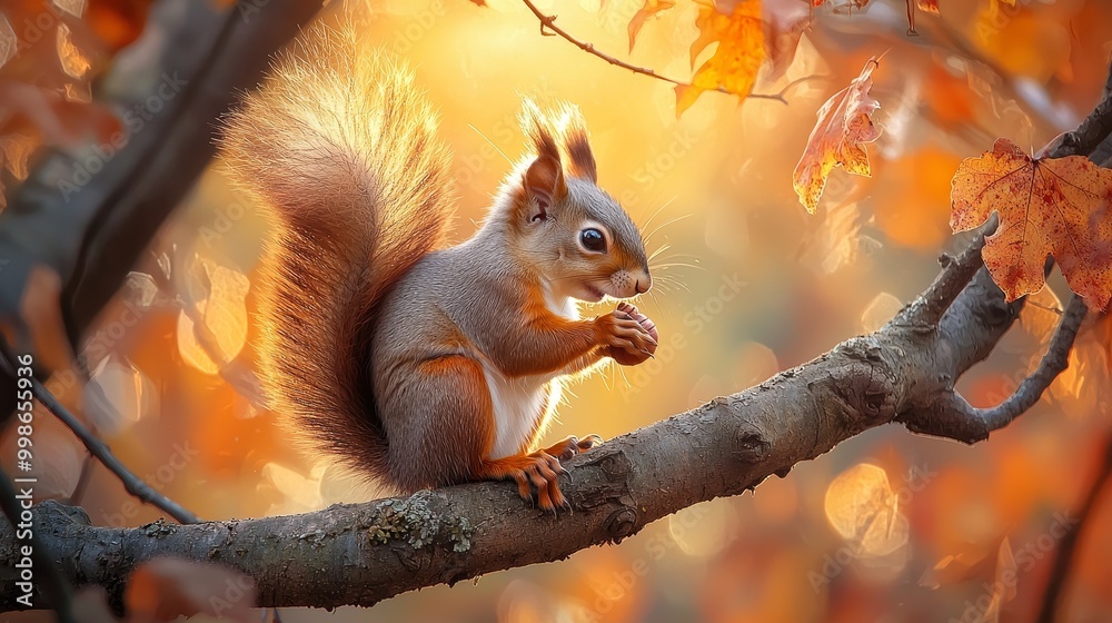 Fototapeta premium Adorable squirrel holding a nut on a tree branch during a warm autumn sunset