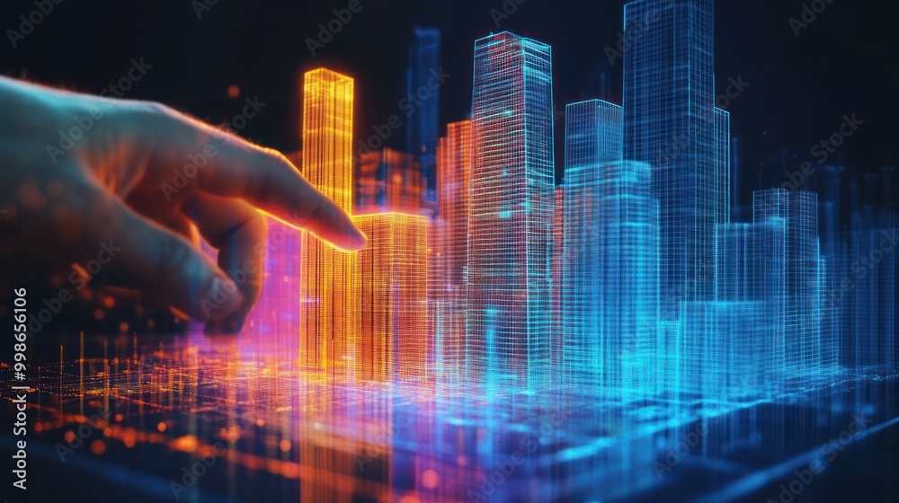Hand hovering over a glowing, digital cityscape. Hand hovering over a glowing, digital cityscape.
