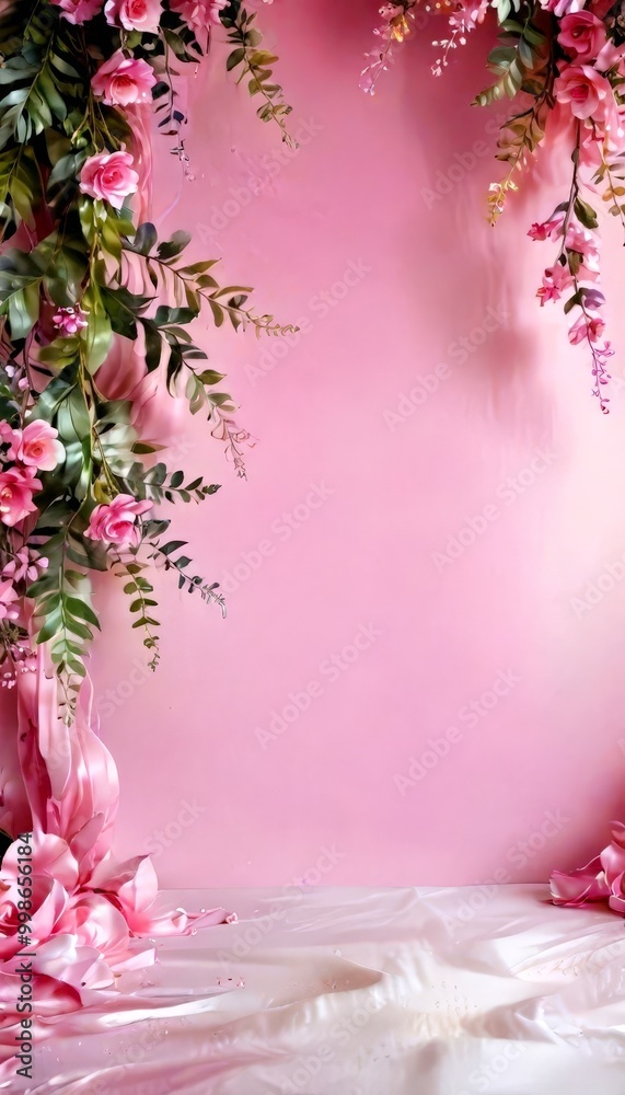 Naklejka premium A pink background adorned with pink flowers and green leaves, creating a serene and elegant setting