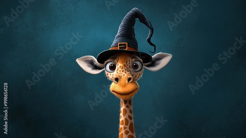 Whimsical giraffe wearing a witch hat on a dark blue background.