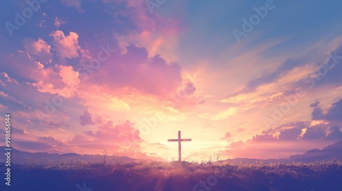 Cross on a hilltop against a stunning sky, embodying an Easter theme. 