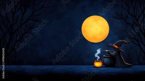 Witch brewing potion under a full moon, dark night, eerie atmosphere. photo