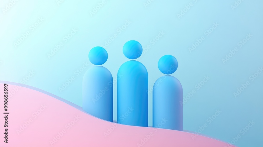 Three blue 3D figures stand on a pink wave against a light blue background. Three blue 3D figures stand on a pink wave against a light blue background.