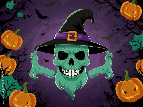 Halloween ghost character flat illustration with halloween hat on ghost head photo