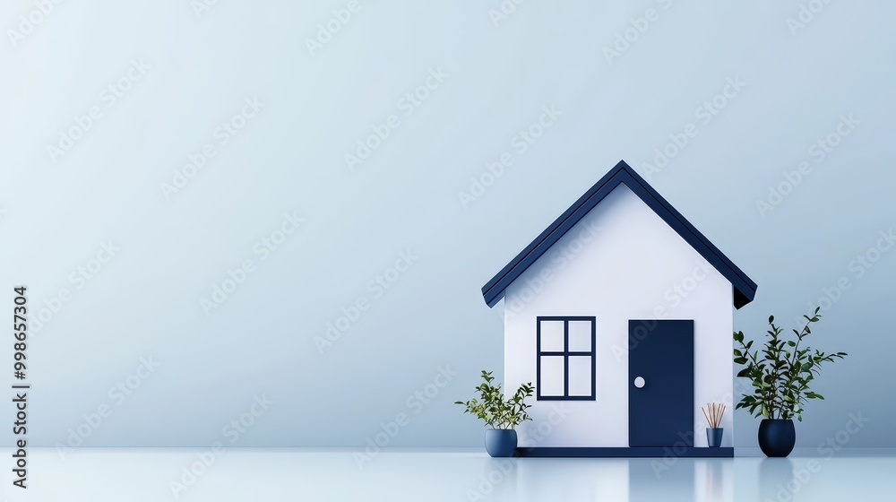 A modern house model with a blue and white design surrounded by decorative plants. A modern house model with a blue and white design surrounded by decorative plants.