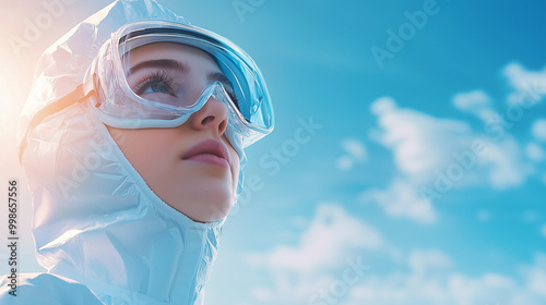 A young scientist in a protective suit and goggles, gazing optimistically to the sky as she breathes in fresh air, symbolizing the future of science and progress, with a soothing p photo