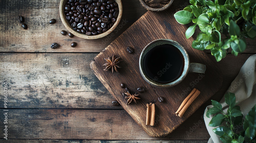 A cozy arrangement featuring a cup of coffee, cinnamon, anise, coffee beans, and greenery on a rustic wooden surface. A cozy arrangement featuring a cup of coffee, cinnamon, anise, coffee beans, and greenery on a rustic wooden surface.