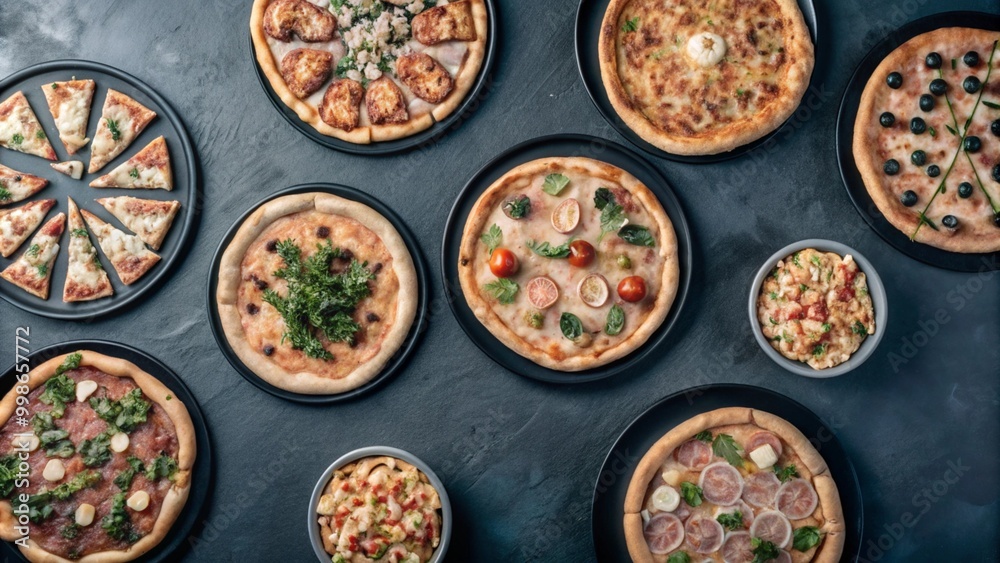 Top view collection of Pizza with different tasty isolated on background, Popular fast food, flat lay pizzas. Top view collection of Pizza with different tasty isolated on background, Popular fast food, flat lay pizzas.