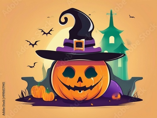 Halloween ghost character flat illustration with halloween hat on ghost head photo