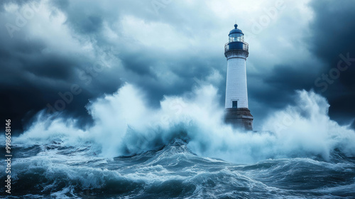 lighthouse stands resilient against crashing waves during fierce storm, showcasing natures raw power and beauty. dramatic scene evokes sense of awe and tranquility amidst chaos