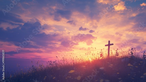 Cross on a hilltop against a stunning sky, embodying an Easter theme. 