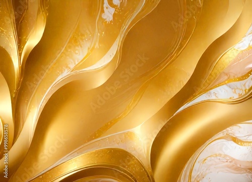 a striking abstract composition of golden, wavy lines and swirls, creating a sense of movement and dynamism The golden hue is accentuated by the presence of small white photo