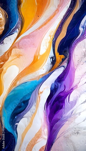 an abstract painting featuring a vibrant mix of colors, including blue, orange, purple, and white, with fluid brushstrokes and a sense of movement photo