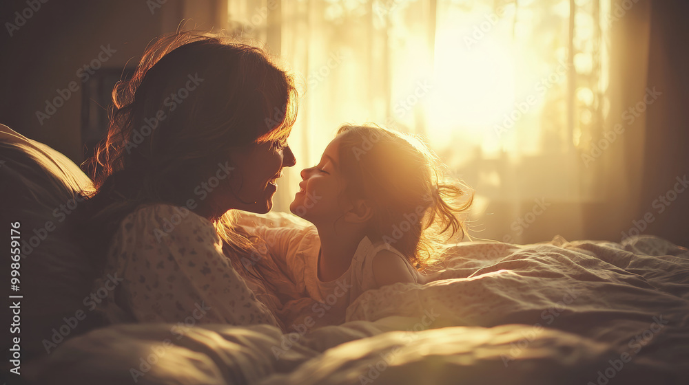 A tender moment captured as mother and daughter share loving gaze in soft sunlight, creating warm and intimate atmosphere A tender moment captured as mother and daughter share loving gaze in soft sunlight, creating warm and intimate atmosphere