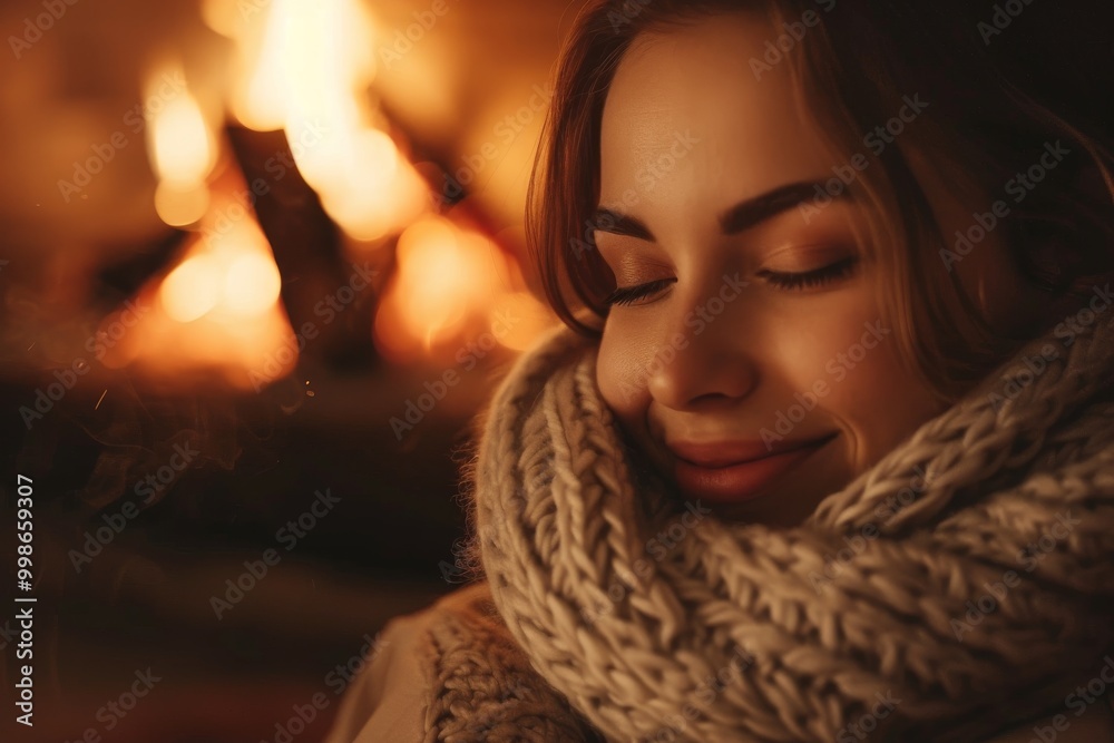 Woman relaxes by a cozy fireplace, wrapped in a knitted blanket on a cold evening. Close-up. Place for text Woman relaxes by a cozy fireplace, wrapped in a knitted blanket on a cold evening. Close-up. Place for text