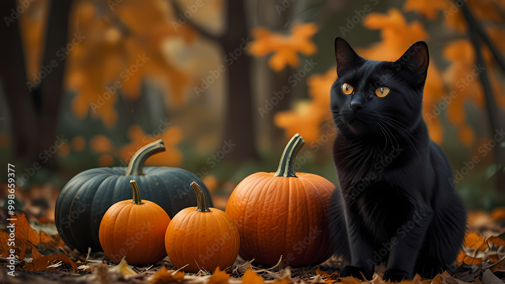 Black cat interacting with a pumpkin for Halloween Event Black cat interacting with a pumpkin for Halloween Event