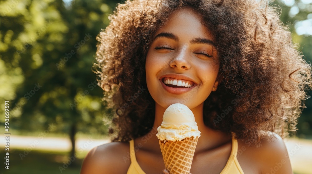Close up of a young woman with curly hair smiling and eating ice cream. Close up of a young woman with curly hair smiling and eating ice cream.
