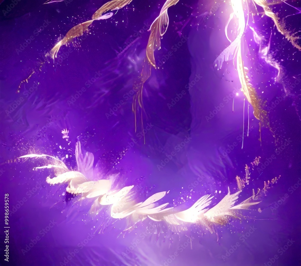 Fototapeta premium a fantastical scene with a purple background, white and gold feathers, and a stream of light emanating from the top right corner, creating a sense of movement and energy