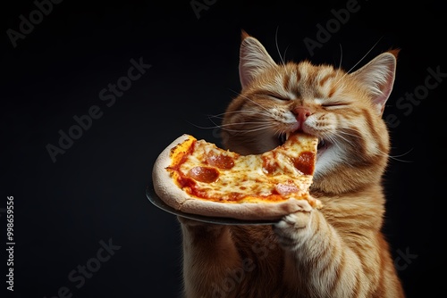 funny and cute  cat eating slice of pizza