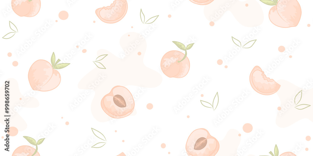 Peaches seamless pattern. Hand drawn peaches with leaves and blossoms on white background. Naive art. Peaches seamless pattern. Hand drawn peaches with leaves and blossoms on white background. Naive art.