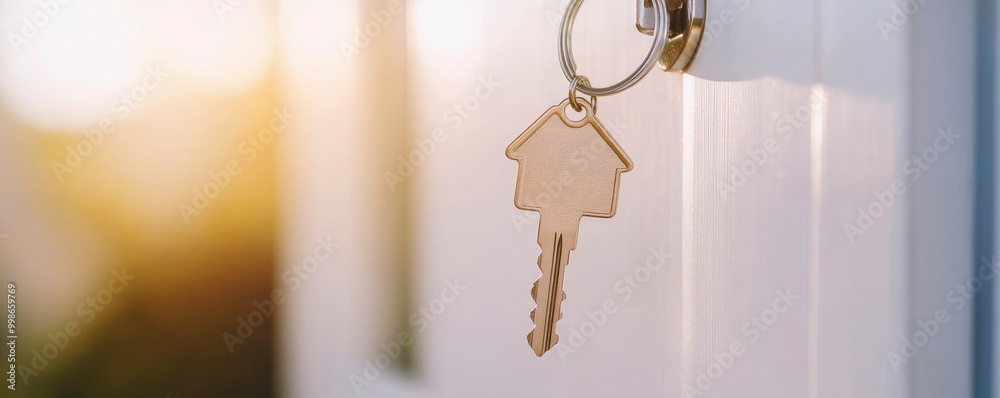 A key is hanging from a door. The key is shaped like a house. A key is hanging from a door. The key is shaped like a house.