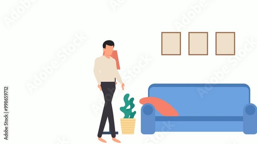 Man coming and lying on sofa watching TV at home animation, Enjoying Holidays out of Town animated video, Weekly holidays Activity footage, Week Rest Days clip, Lazy weekends people motion graphics photo