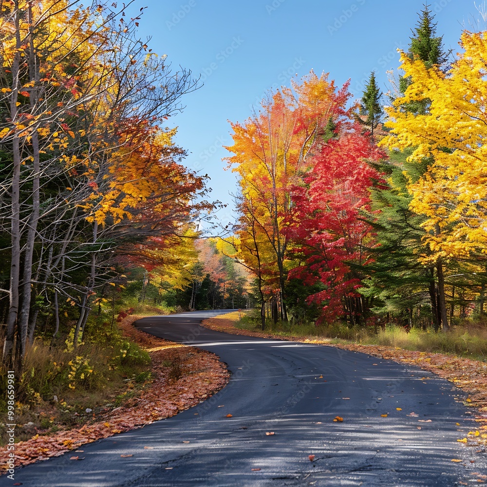Fototapeta premium Serene scene of a winding road lined with trees displaying their autumn foliage in shades of gold, red, and yellow under a clear blue sky.