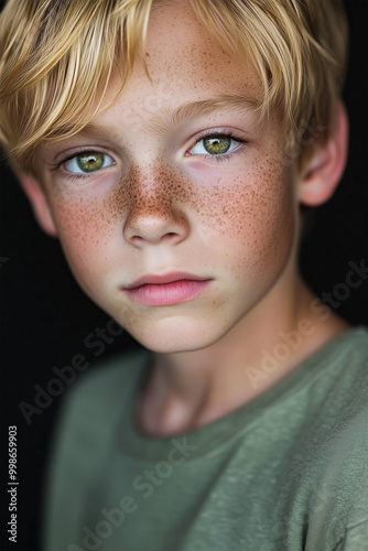 Portrait of cheeky teenage boy with freckles, blond hair and green eyes in green shirt. Shallow depth of field.