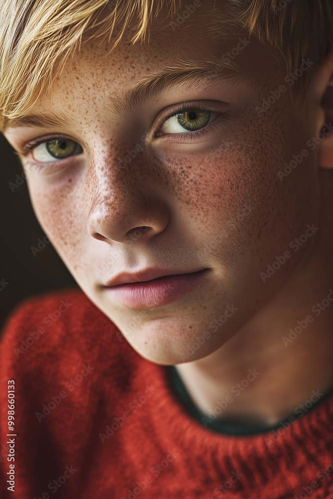 Fototapeta premium Portrait of cheeky teenage boy with freckles, blond hair and green eyes in red sweater. Shallow depth of field.
