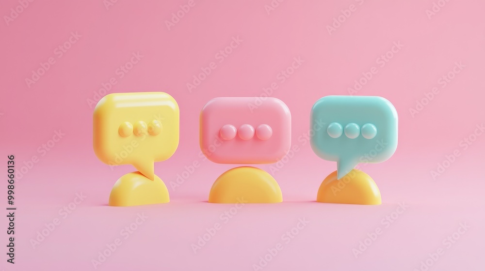 Three 3D speech bubbles on a pink background, representing communication and online chat. Three 3D speech bubbles on a pink background, representing communication and online chat.