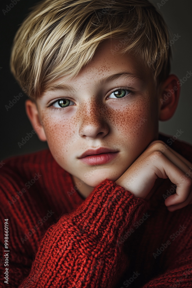Portrait of cheeky teenage boy with freckles, blond hair and green eyes in red sweater. Shallow depth of field.