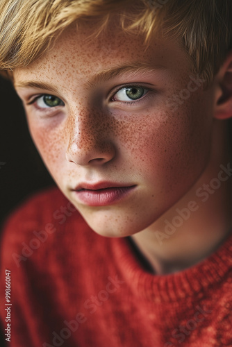 Portrait of cheeky teenage boy with freckles, blond hair and green eyes in red sweater. Shallow depth of field.