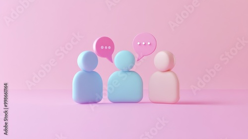 Three 3D figures with speech bubbles representing communication and interaction.