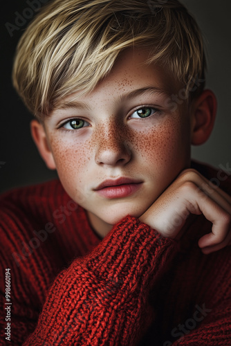Obraz na płótnie Portrait of cheeky teenage boy with freckles, blond hair and green eyes in red sweater. Shallow depth of field. w salonie