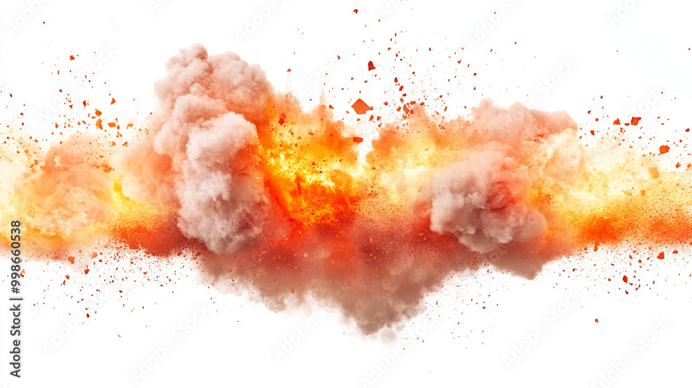 An explosion with lots of smoke and fire on a white background An explosion with lots of smoke and fire on a white background