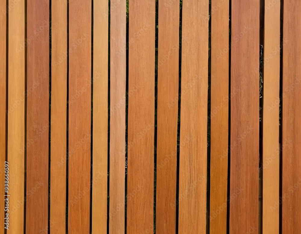 Naklejka premium Close-up polished wooden decking showcasing rich grain patterns and warm tones in natural light