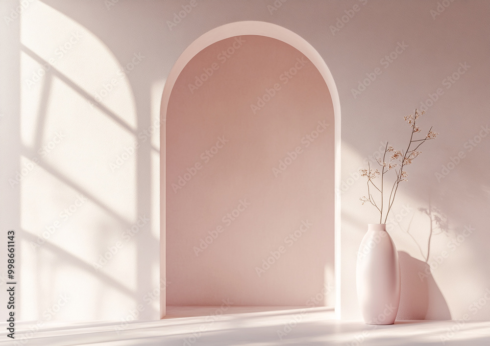 , minimalistic pink wall with an arch and a vase on the right side, a soft shadow in the background , minimalistic pink wall with an arch and a vase on the right side, a soft shadow in the background