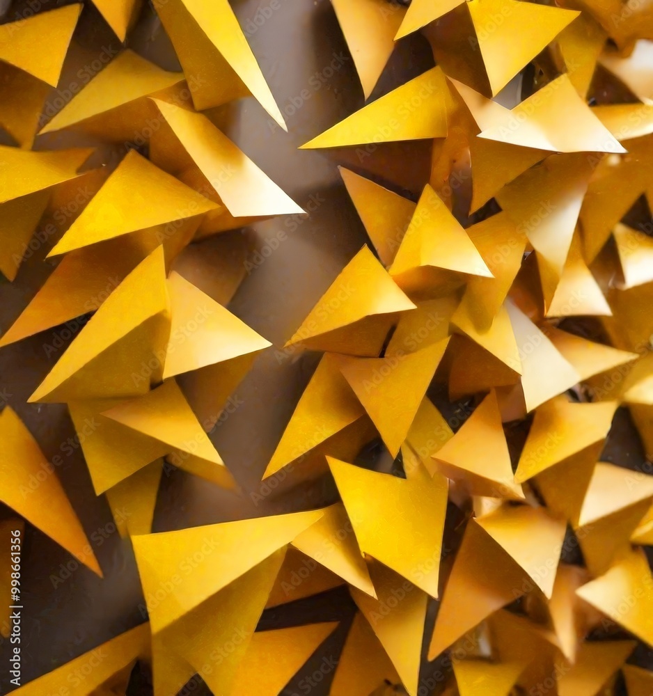A close-up view collection of overlapping yellow triangles, creating a visually striking pattern A close-up view collection of overlapping yellow triangles, creating a visually striking pattern