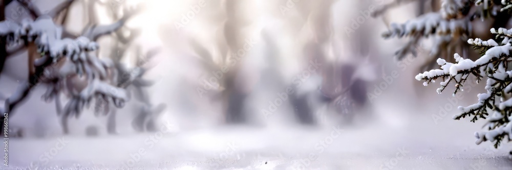 A snowy winter scene with a blurred background of trees and a clear sky A snowy winter scene with a blurred background of trees and a clear sky