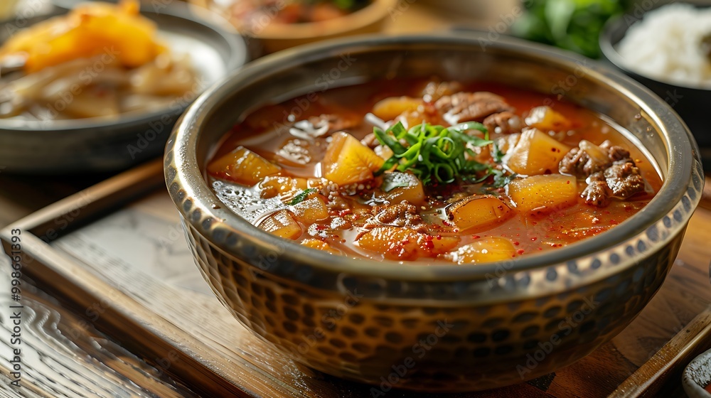 Traditional Korean sujeonggwa served in a brass bowl, the sweet, cinnamon-infused drink filled with dried persimmons. The bowl is set on a wooden table with a traditional Korean meal in the Traditional Korean sujeonggwa served in a brass bowl, the sweet, cinnamon-infused drink filled with dried persimmons. The bowl is set on a wooden table with a traditional Korean meal in the