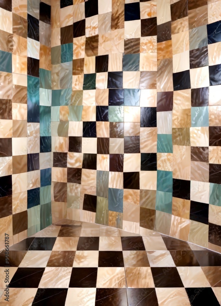 Fototapeta premium a bathroom interior with a checkered tile floor and walls, featuring a variety of colors and patterns