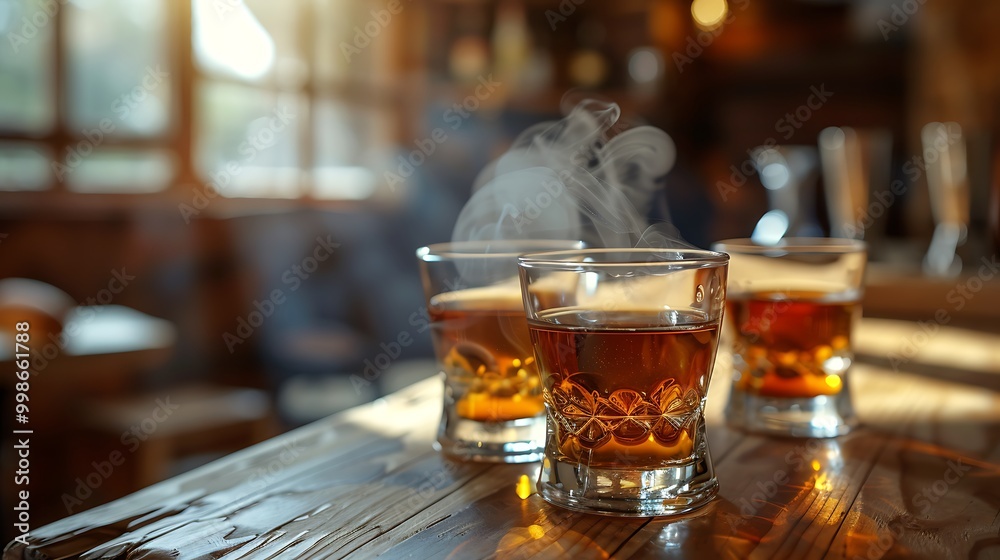 Traditional Greek rakomelo served in small glasses, the warm honeyed spirit steaming slightly. The glasses are set on a rustic wooden table with a backdrop of a cozy Greek taverna, Traditional Greek rakomelo served in small glasses, the warm honeyed spirit steaming slightly. The glasses are set on a rustic wooden table with a backdrop of a cozy Greek taverna,