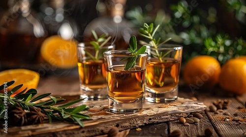 Traditional Greek rakomelo served in small glasses, the warm honeyed spirit steaming slightly. The glasses are set on a rustic wooden table with a backdrop of a cozy Greek taverna, 