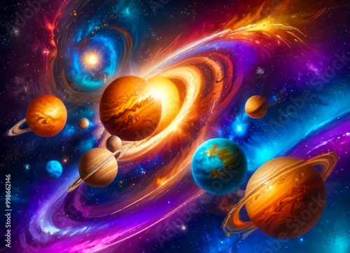 a vibrant, cosmic scene with planets of various sizes and colors swirling in a swirling galaxy The planets are positioned in a circular pattern, with the largest planet at photo