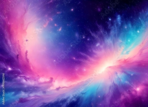 a vibrant cosmic scene with swirling nebulae in shades of pink, purple, blue, and white, creating a sense of depth and dimension