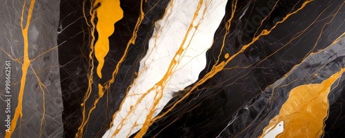 a close-up view marble surface with a striking pattern of black and white marble veins, accented by gold lines photo